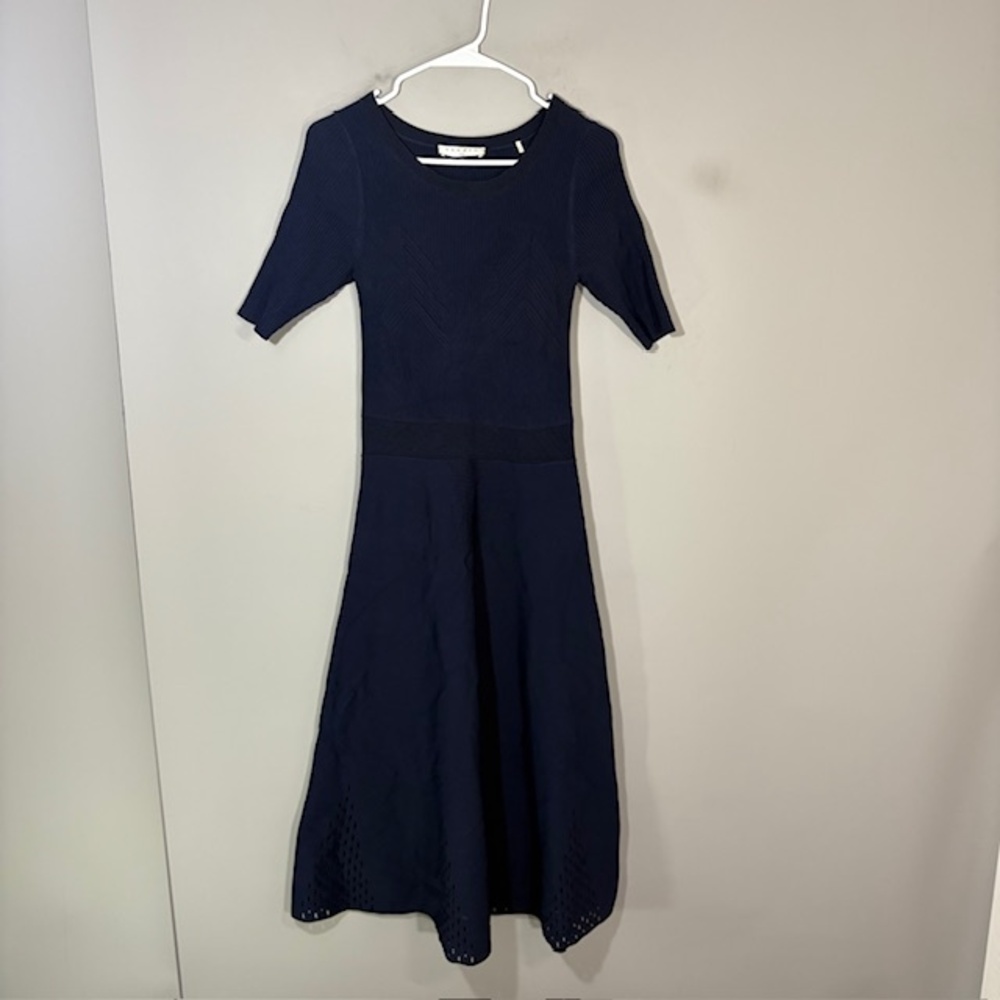 Sandro Dress Womens 2 Blue Fit Flare Midi Half Sleeve Pointelle Hem Crew Neck